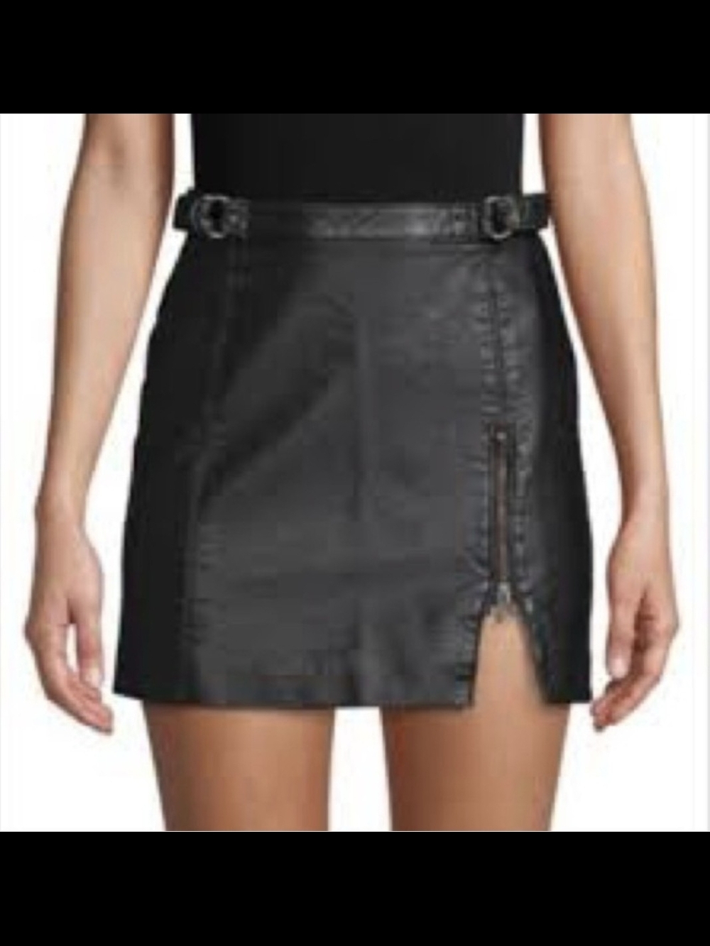 Free People Black Faux Leather Mini Skirt with Side Buckle and Zip